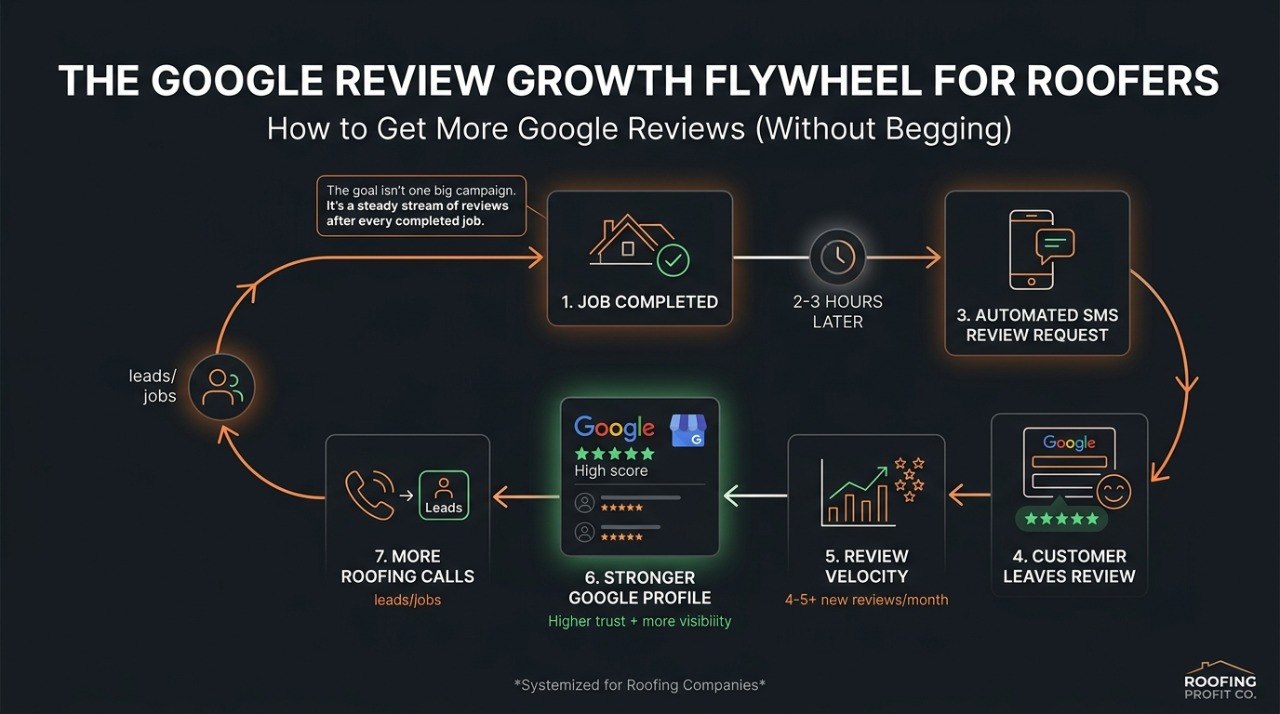 The Google Review Growth Flywheel for Roofers — 7-step automated review generation system: Job Completed → SMS Request → Customer Review → Review Velocity → Stronger Google Profile → More Roofing Calls.
